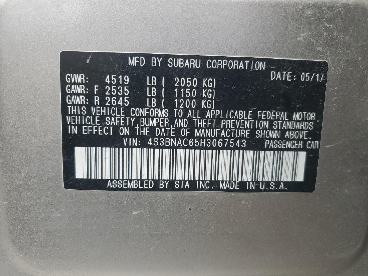 2017 Subaru Legacy 2.5I Premium VIN: 4S3BNAC65H3067543 Lot: 90941365