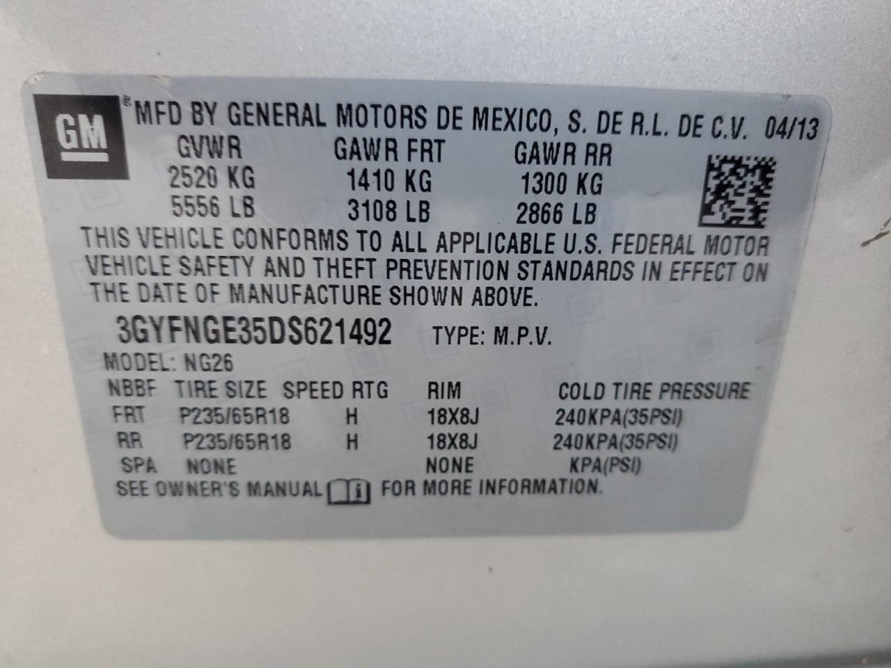 2013 Cadillac Srx Luxury Collection VIN: 3GYFNGE35DS621492 Lot: 92528545