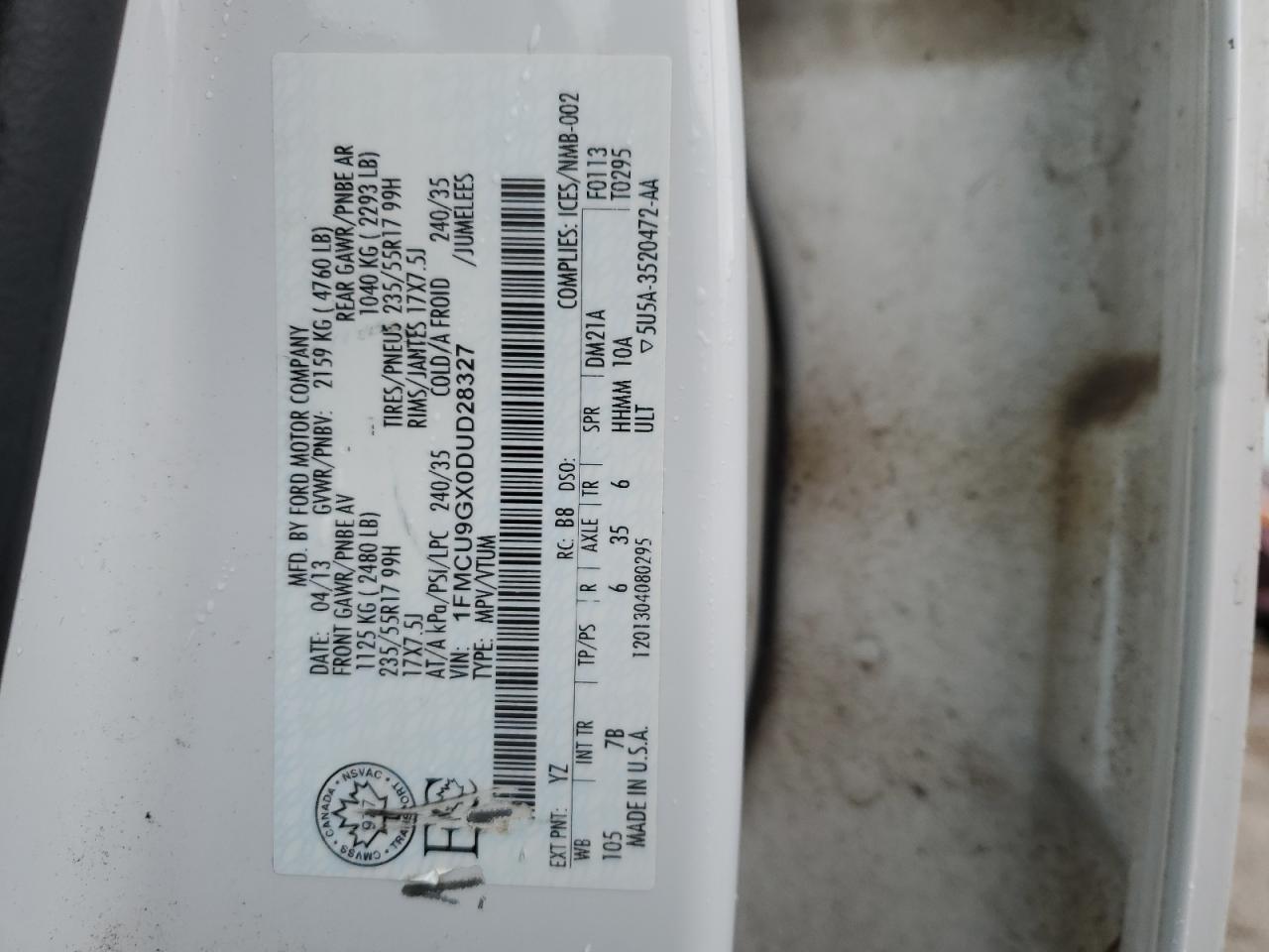 2013 Ford Escape Se VIN: 1FMCU9GX0DUD28327 Lot: 92113335