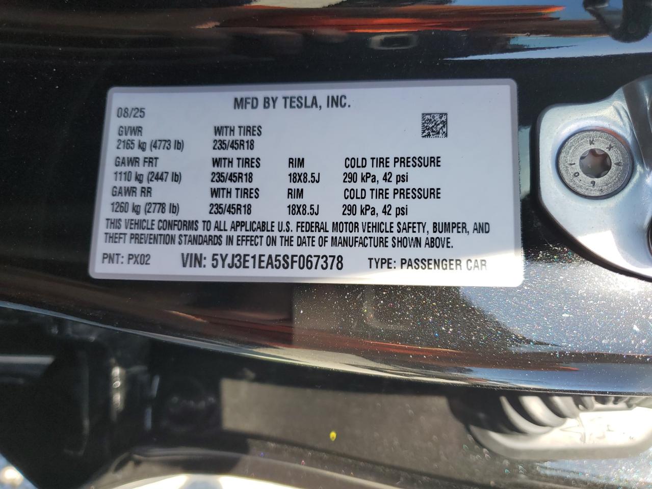 2025 Tesla Model 3 VIN: 5YJ3E1EA5SF067378 Lot: 92430855