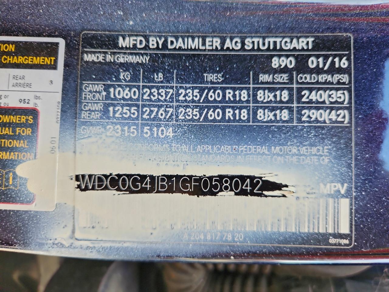2016 Mercedes-Benz Glc 300 VIN: WDC0G4JB1GF058042 Lot: 94052575
