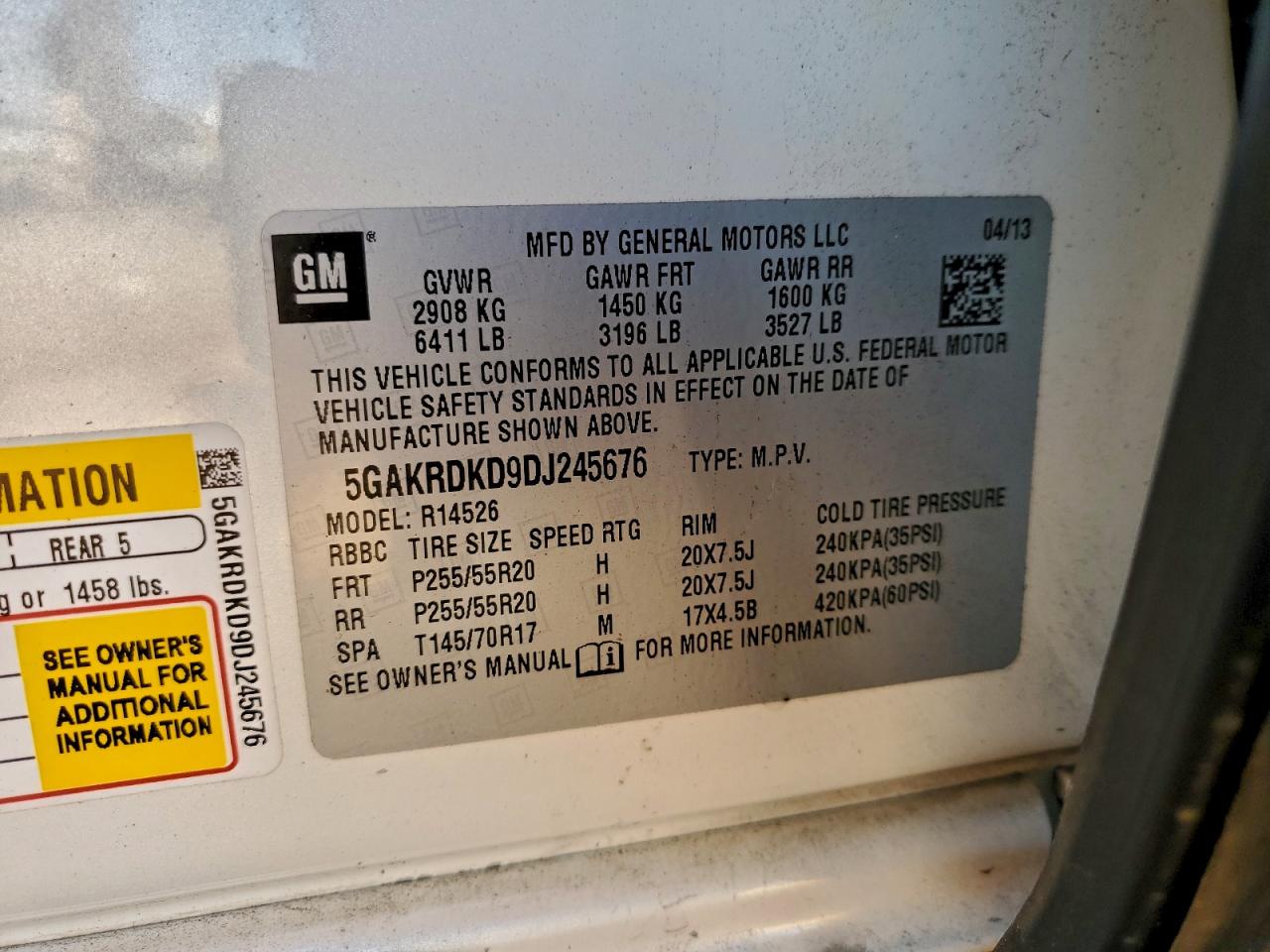 2013 Buick Enclave VIN: 5GAKRDKD9DJ245676 Lot: 94559515