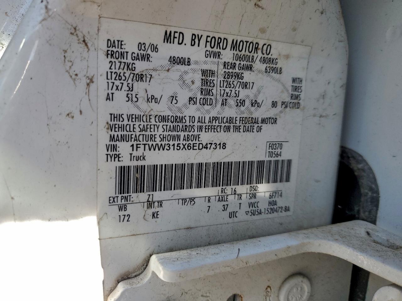 2006 Ford F350 Srw Super Duty VIN: 1FTWW315X6ED47318 Lot: 94461845