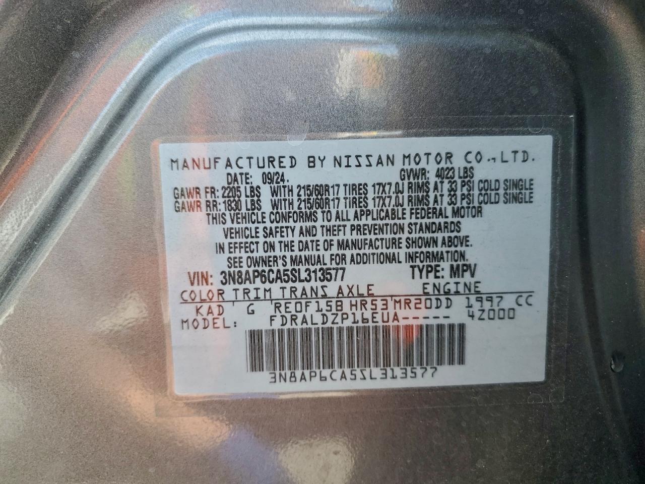 2025 Nissan Kicks Sv VIN: 3N8AP6CA5SL313577 Lot: 93895915