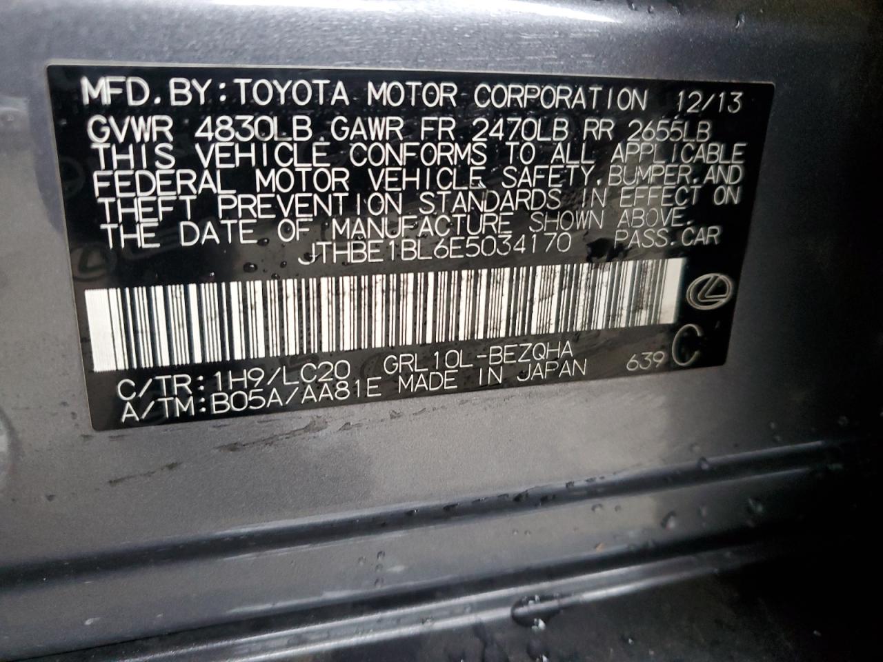 2014 Lexus Gs 350 VIN: JTHBE1BL6E5034170 Lot: 91005075