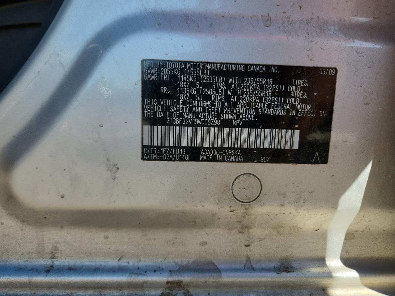 2009 Toyota Rav4 Sport VIN: 2T3BF32V19W009798 Lot: 91483885