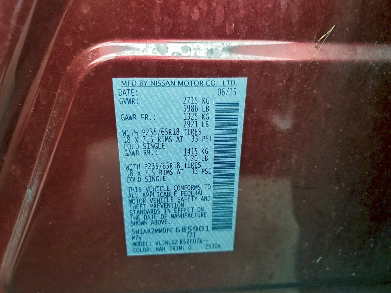 2015 Nissan Pathfinder S VIN: 5N1AR2MM0FC685901 Lot: 94213725