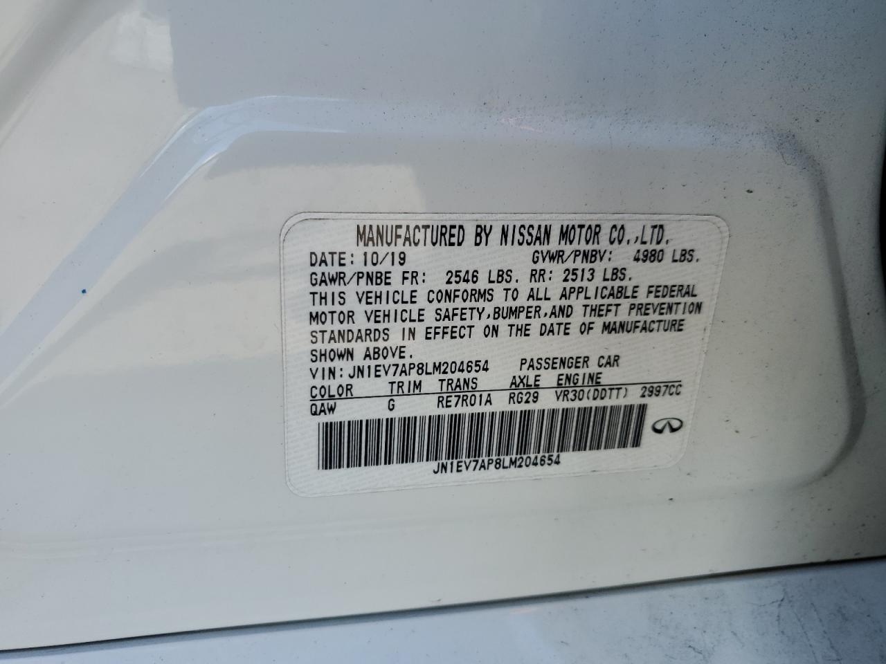 2020 Infiniti Q50 Pure VIN: JN1EV7AP8LM204654 Lot: 91831345