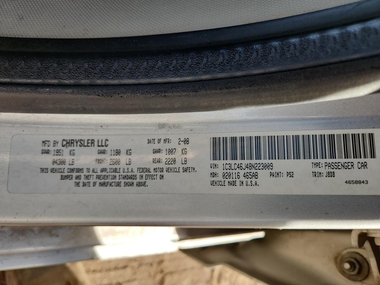 2008 Chrysler Sebring Lx VIN: 1C3LC46J48N223009 Lot: 92327085