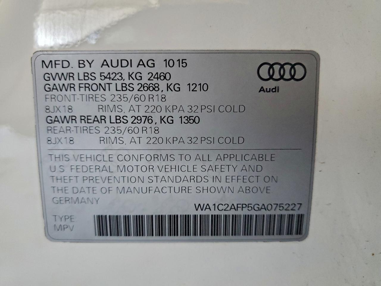 2016 Audi Q5 Premium VIN: WA1C2AFP5GA075227 Lot: 85439695