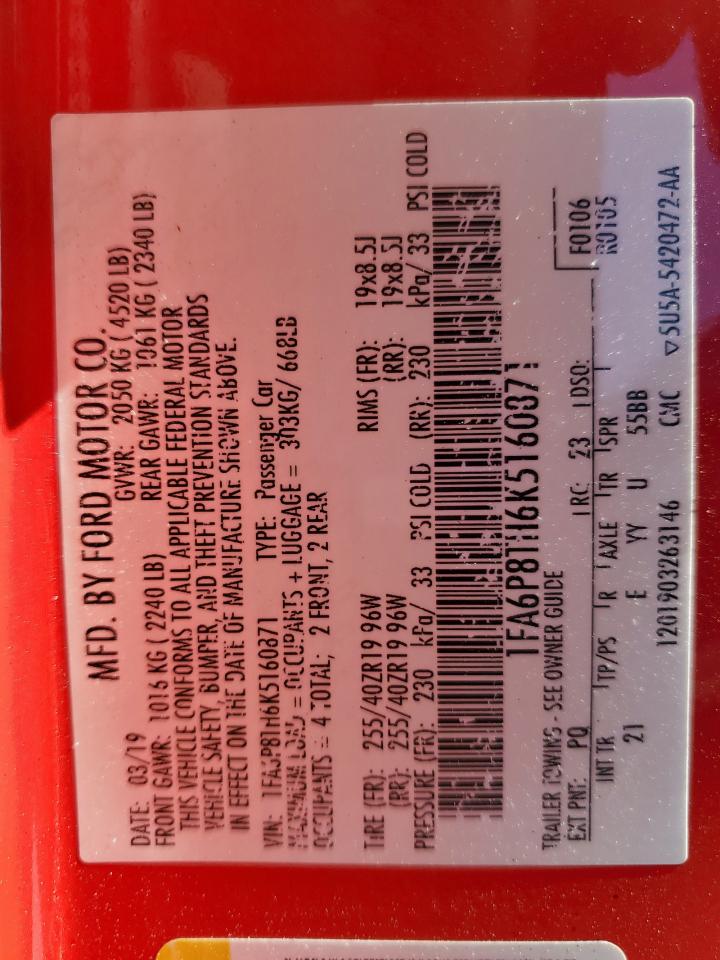 2019 Ford Mustang VIN: 1FA6P8TH6K5160871 Lot: 90751765