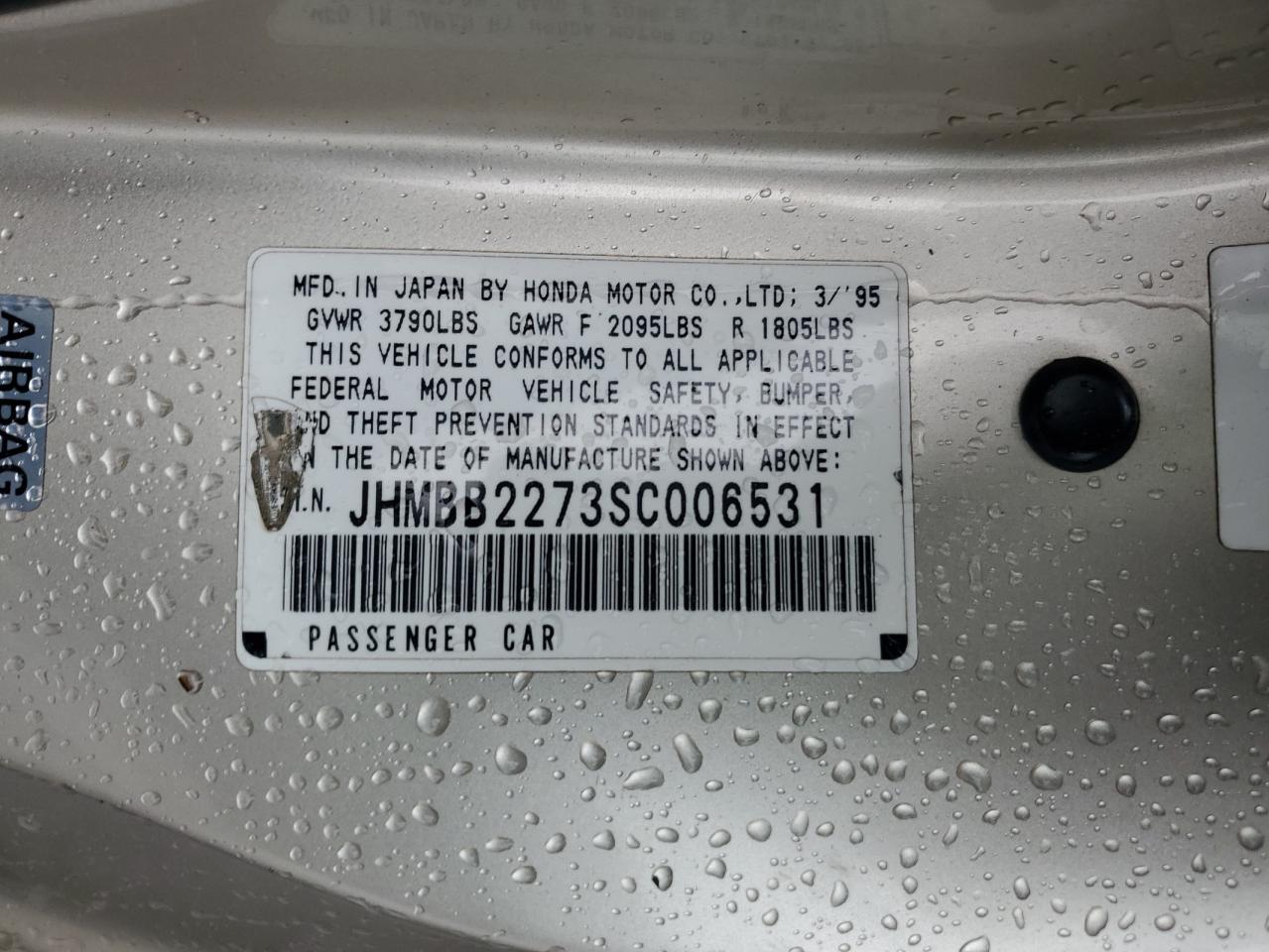 1995 Honda Prelude Se VIN: JHMBB2273SC006531 Lot: 93100645