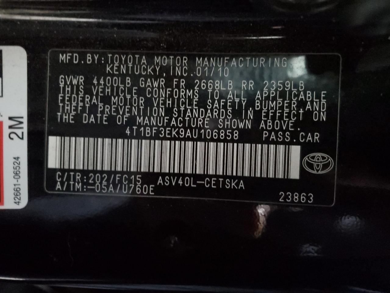 2010 Toyota Camry Base VIN: 4T1BF3EK9AU106858 Lot: 92464225