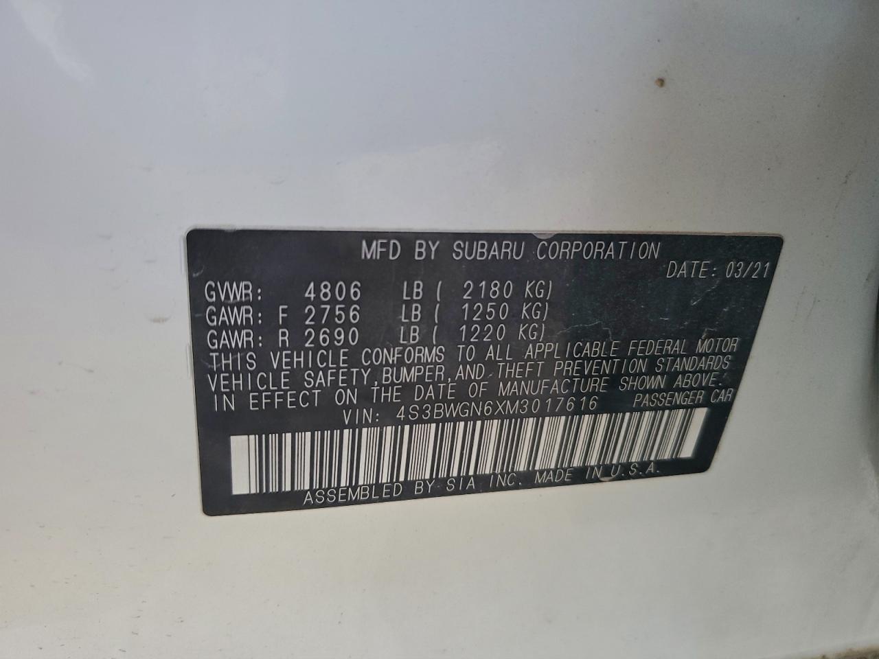 2021 Subaru Legacy Limited Xt VIN: 4S3BWGN6XM3017616 Lot: 93683795