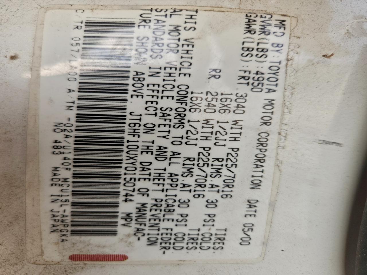 2000 Lexus Rx 300 VIN: JT6HF10UXY0150744 Lot: 94749405