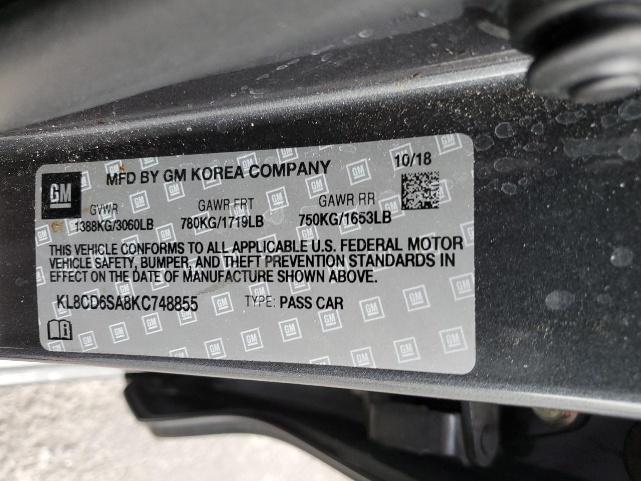 2019 Chevrolet Spark 1Lt VIN: KL8CD6SA8KC748855 Lot: 92497355