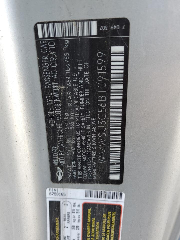 2011 Mini Cooper VIN: WMWSU3C56BT091599 Lot: 90288125
