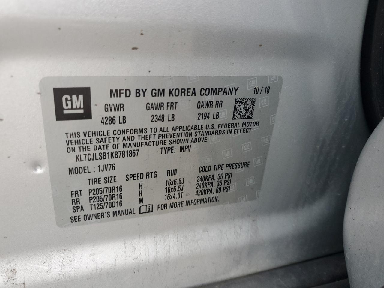 2019 Chevrolet Trax 1Lt VIN: KL7CJLSB1KB781867 Lot: 93099525