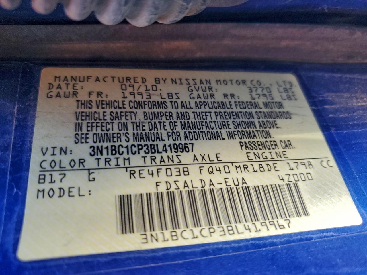 2011 Nissan Versa S VIN: 3N1BC1CP3BL419967 Lot: 94672555