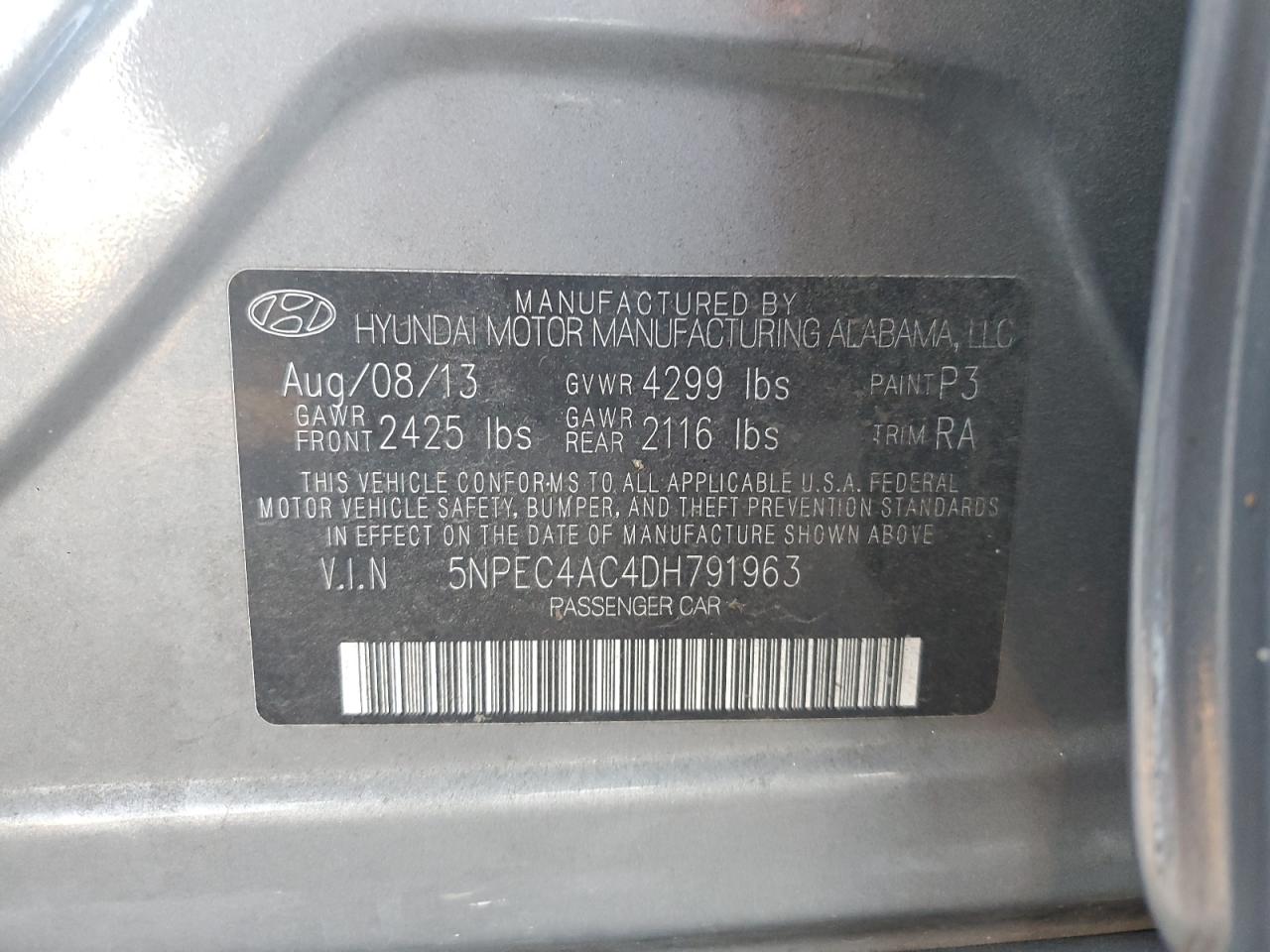 2013 Hyundai Sonata Se VIN: 5NPEC4AC4DH791963 Lot: 91017965