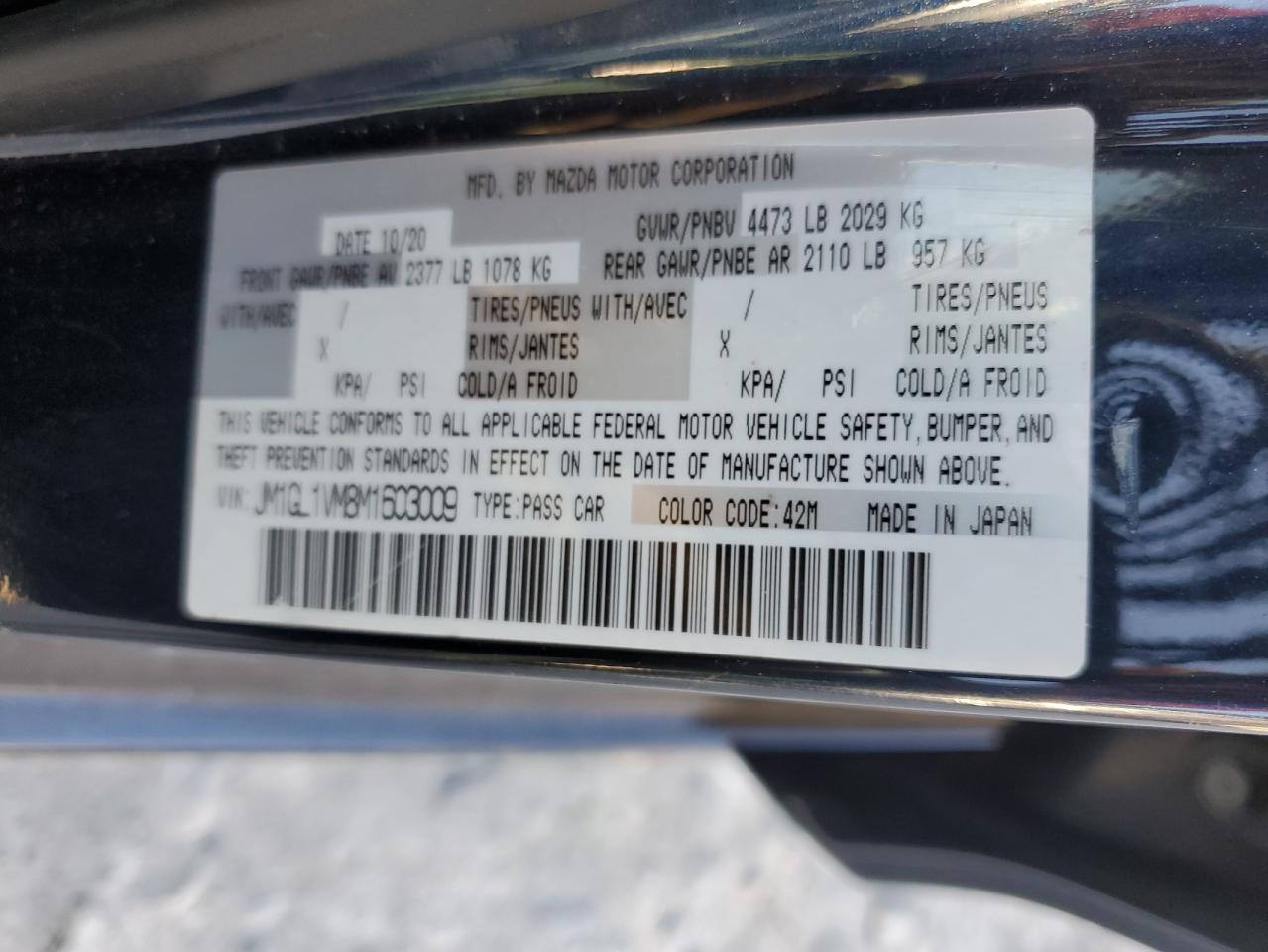 2021 Mazda 6 Touring VIN: JM1GL1VM8M1603009 Lot: 90851465