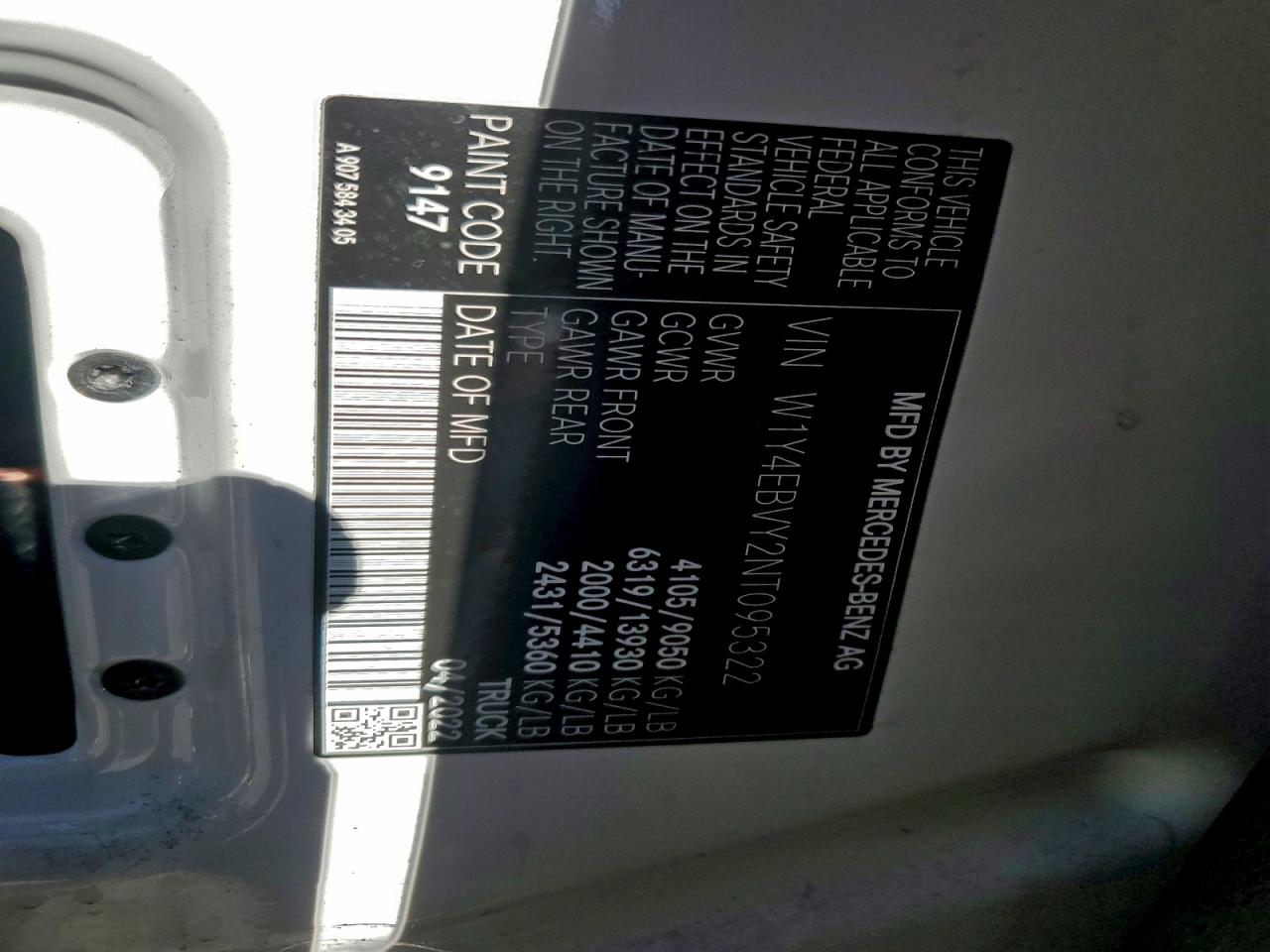 2022 Mercedes-Benz Sprinter 2500 VIN: W1Y4EBVY2NT095322 Lot: 94450525