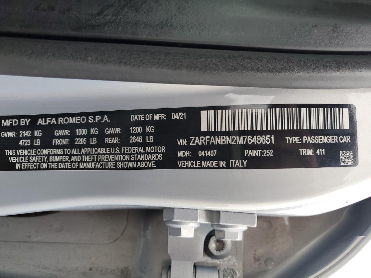 2021 Alfa Romeo Giulia Ti VIN: ZARFANBN2M7648651 Lot: 93522455