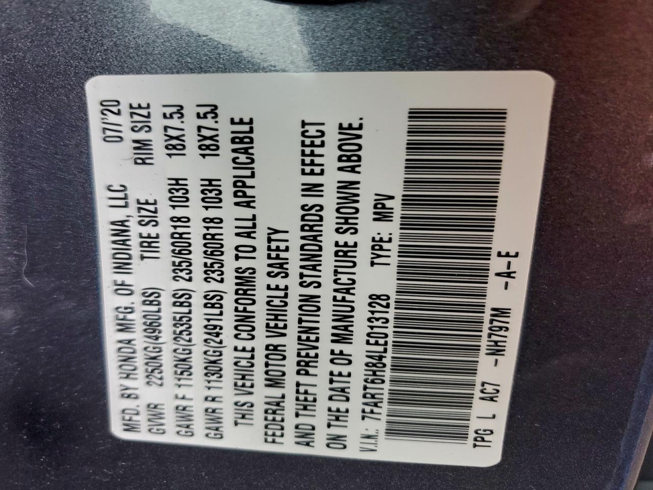 2020 Honda Cr-V Exl VIN: 7FART6H84LE013128 Lot: 93755885