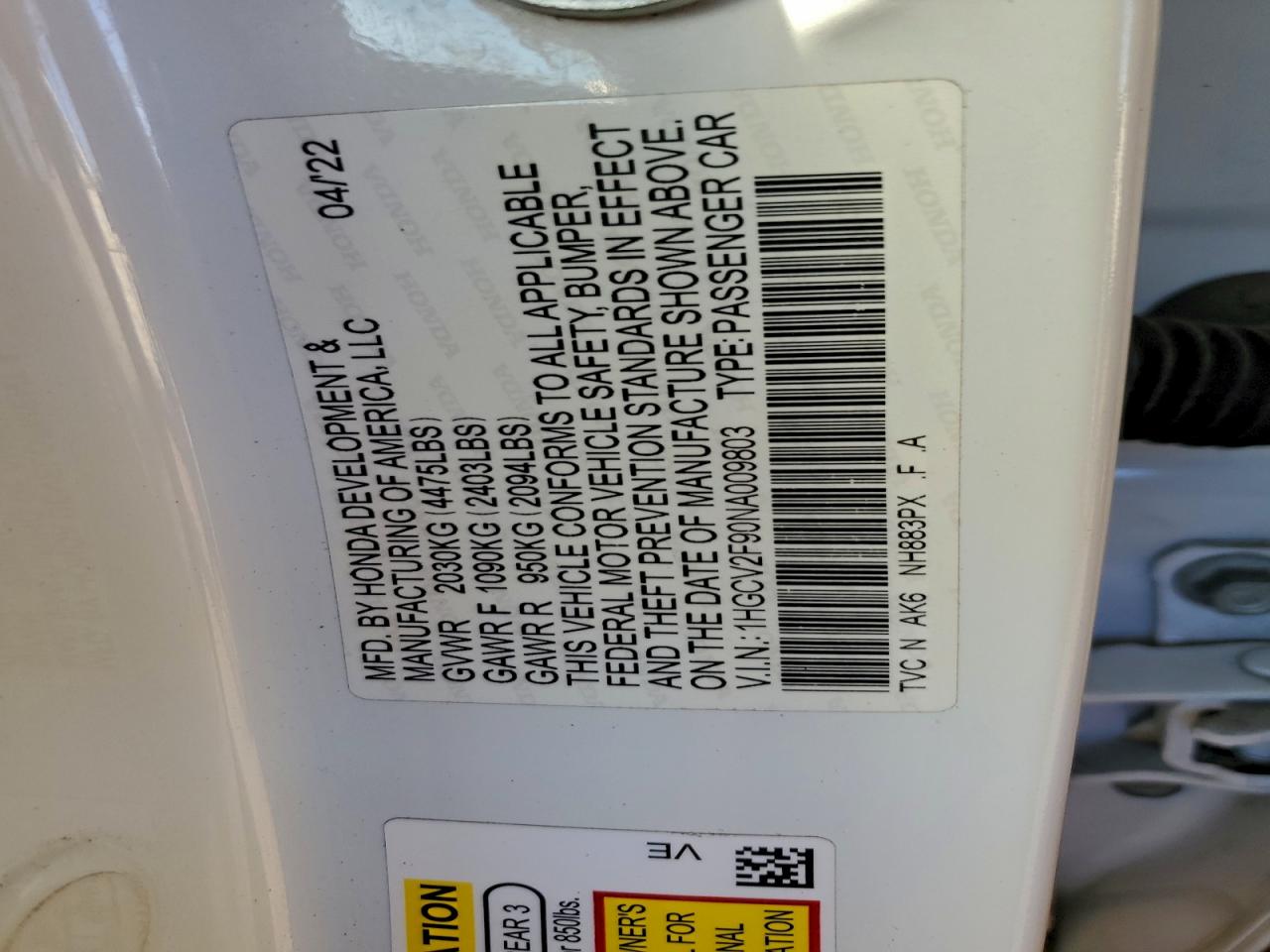 2022 Honda Accord Touring VIN: 1HGCV2F90NA009803 Lot: 92841095