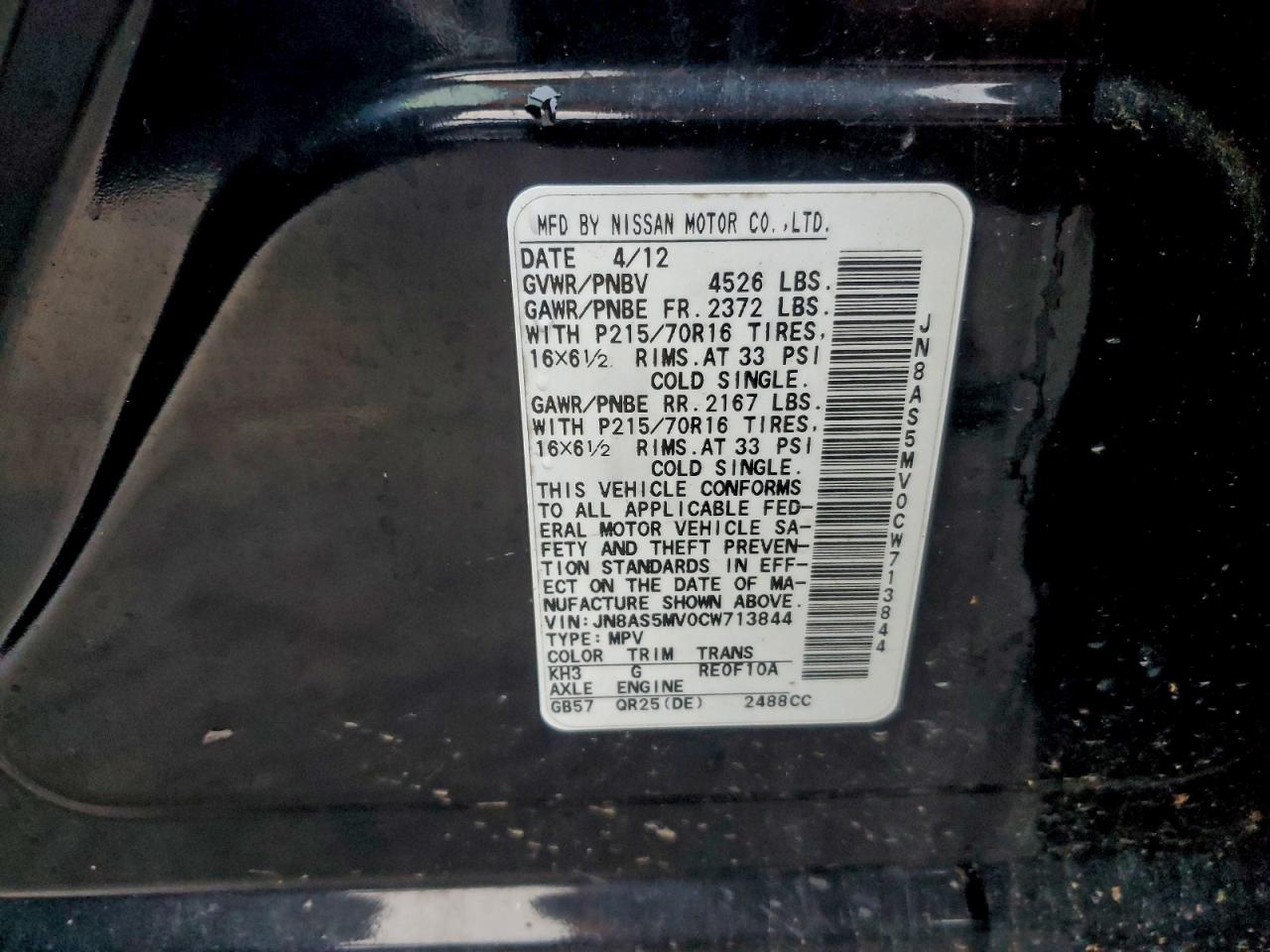 2012 Nissan Rogue S VIN: JN8AS5MV0CW713844 Lot: 94466265