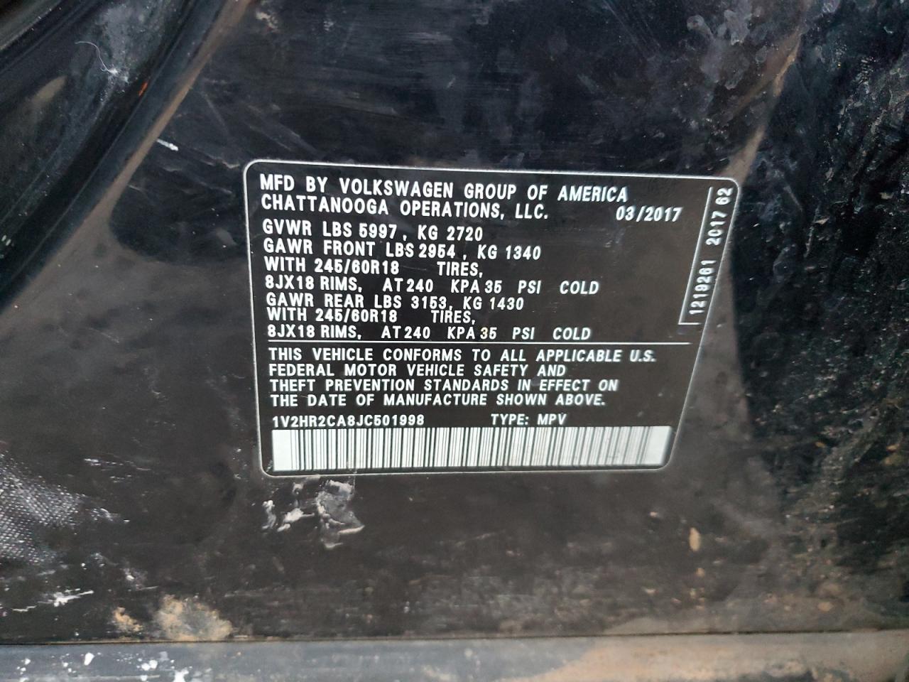 2018 Volkswagen Atlas VIN: 1V2HR2CA8JC501998 Lot: 93214145