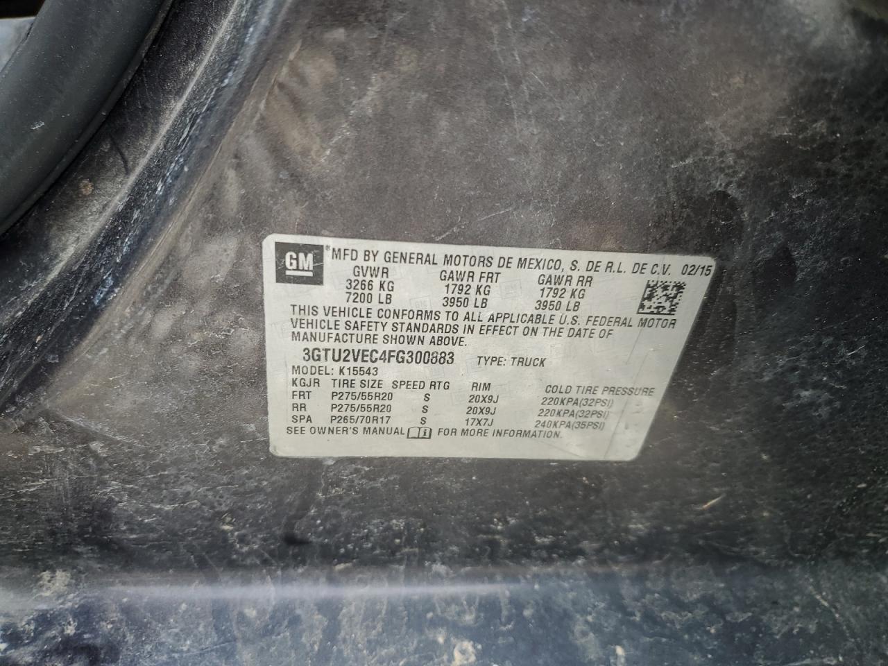 2015 GMC Sierra K1500 Slt VIN: 3GTU2VEC4FG300883 Lot: 93099915