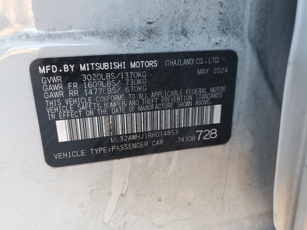 2024 Mitsubishi Mirage Se VIN: ML32AWHJ1RH014853 Lot: 92822965