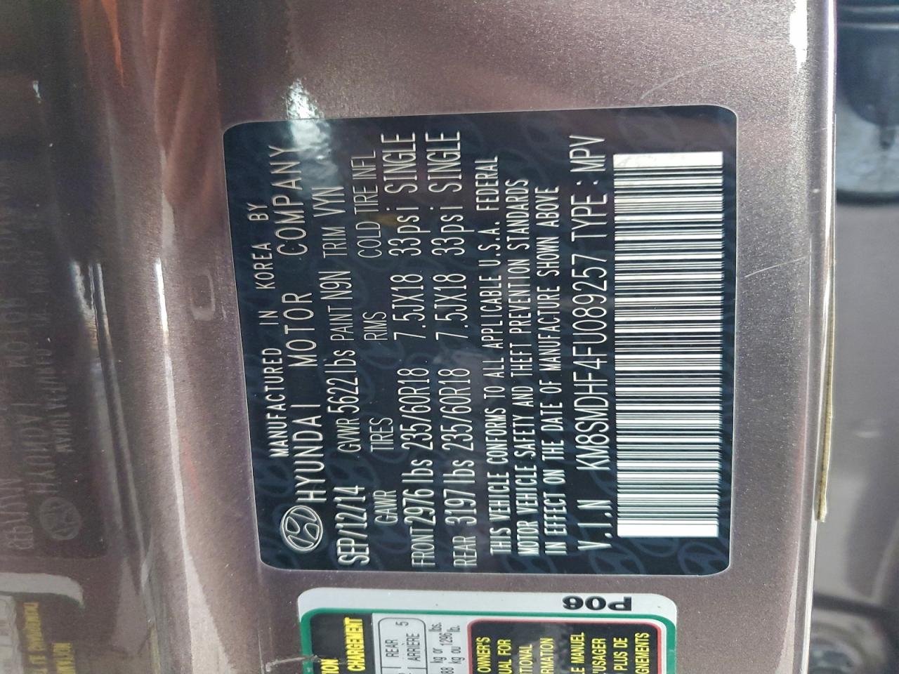 2015 Hyundai Santa Fe Gls VIN: KM8SMDHF4FU089257 Lot: 93987135