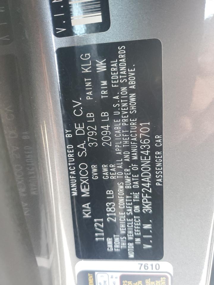 2022 Kia Forte Fe VIN: 3KPF24AD0NE436701 Lot: 92819105