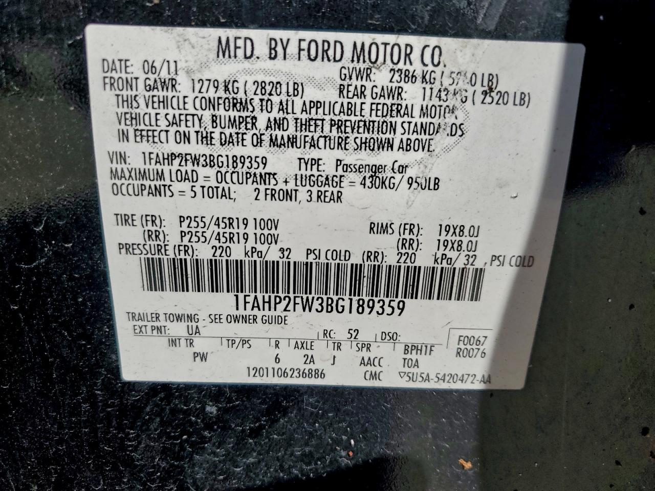 2011 Ford Taurus Limited VIN: 1FAHP2FW3BG189359 Lot: 93134855