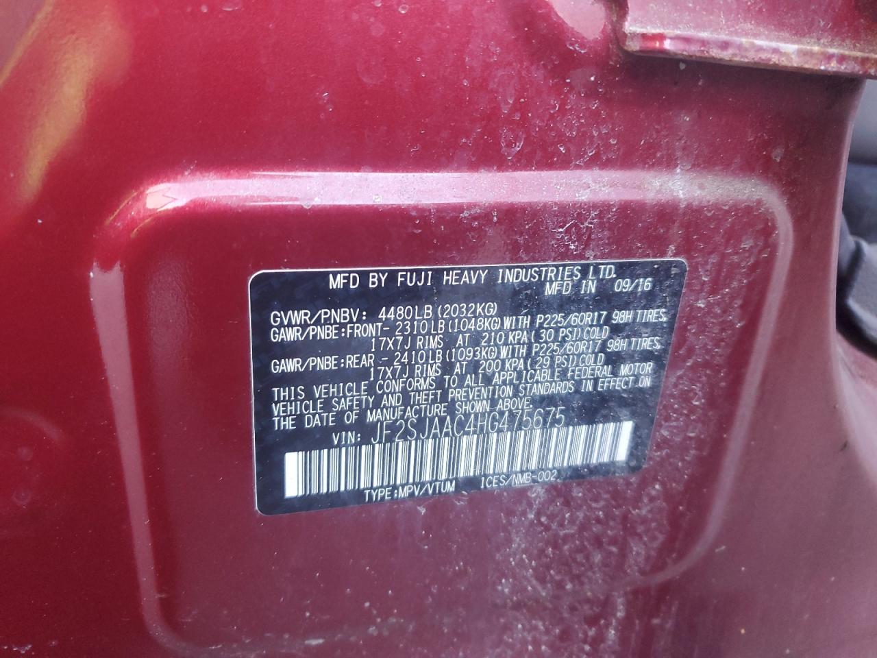 2017 Subaru Forester 2.5I VIN: JF2SJAAC4HG475675 Lot: 92530125