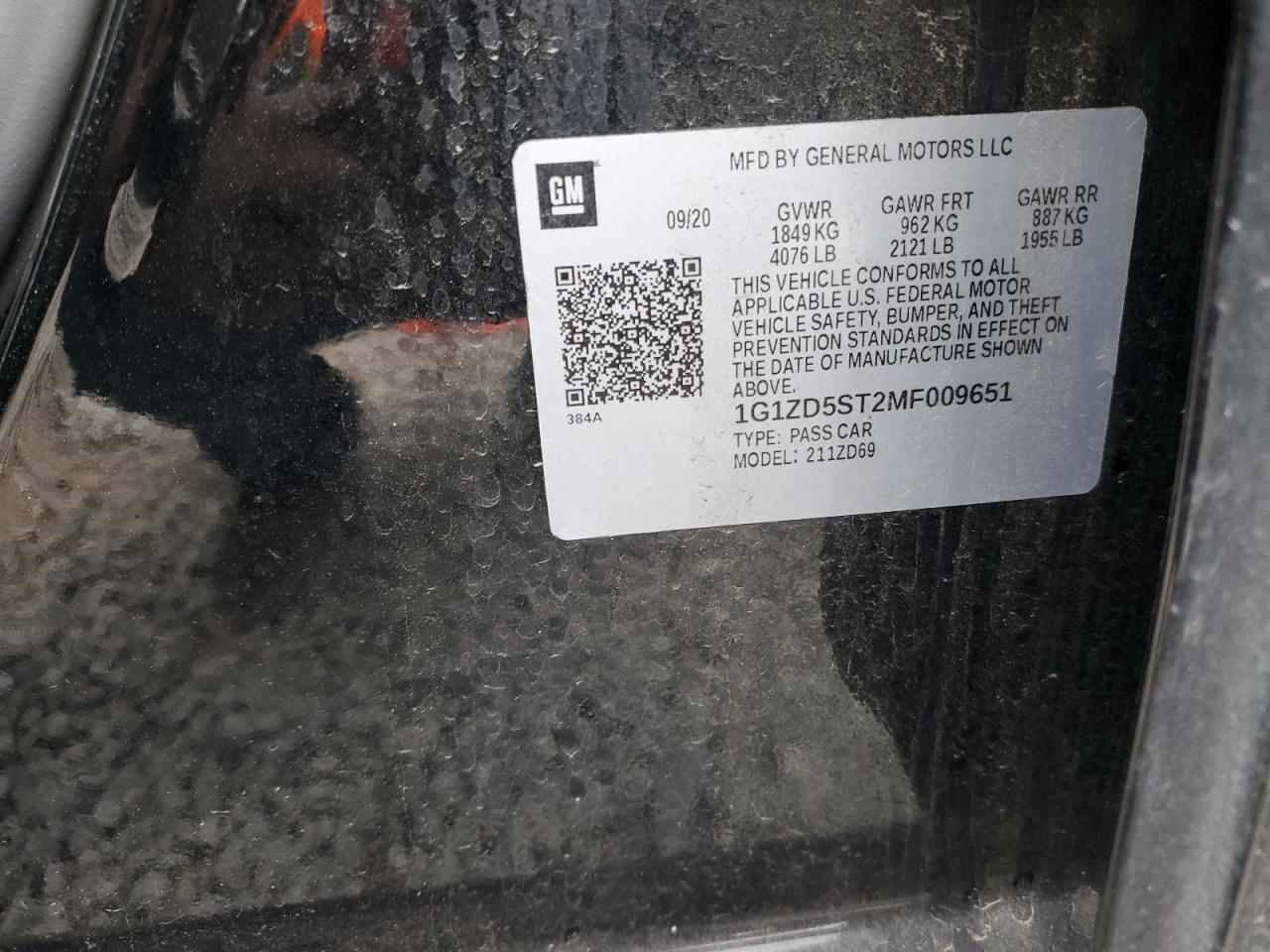 2021 Chevrolet Malibu Lt VIN: 1G1ZD5ST2MF009651 Lot: 92818135