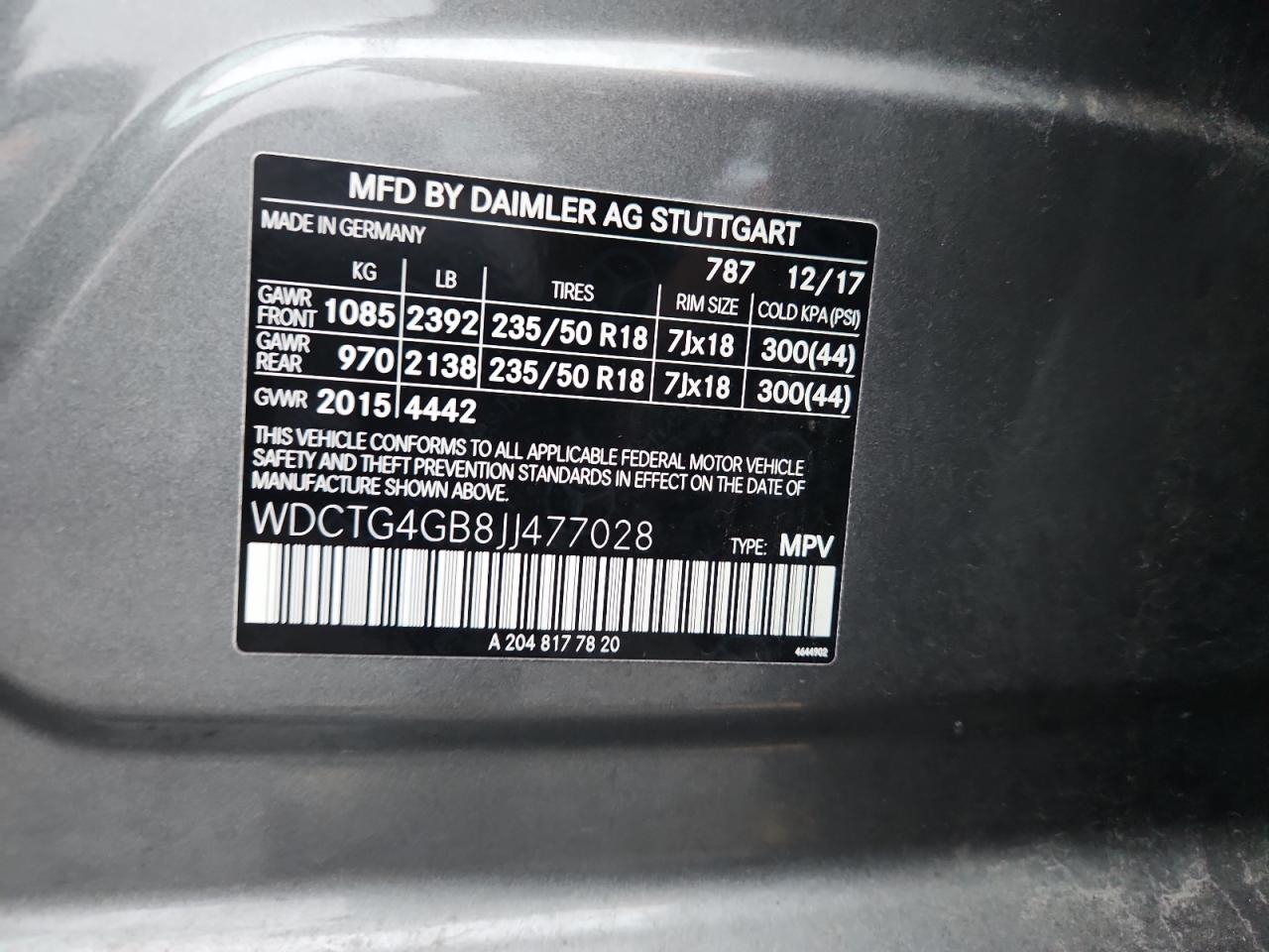 2018 Mercedes-Benz Gla 250 4Matic VIN: WDCTG4GB8JJ477028 Lot: 92242335