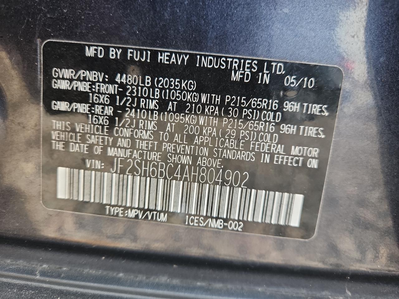 2010 Subaru Forester Xs VIN: JF2SH6BC4AH804902 Lot: 93841615