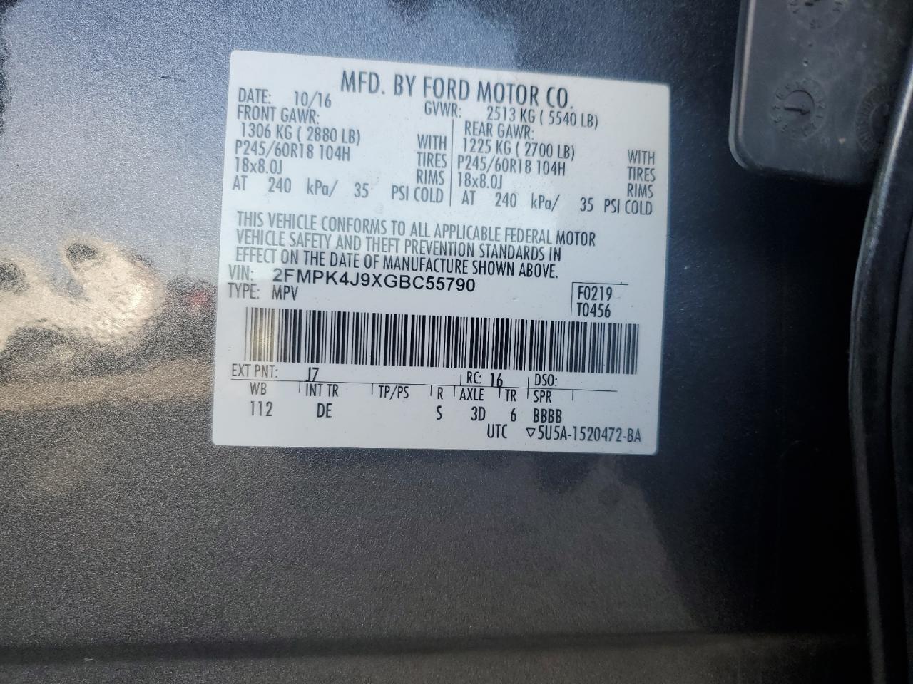 2016 Ford Edge Sel VIN: 2FMPK4J9XGBC55790 Lot: 90546535