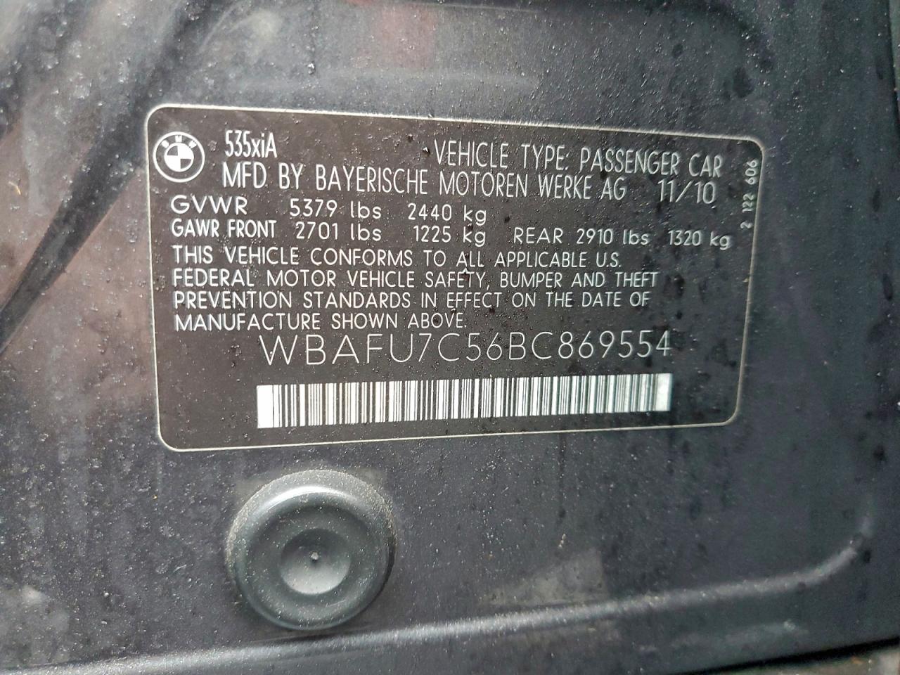 2011 BMW 535 Xi VIN: WBAFU7C56BC869554 Lot: 94323935