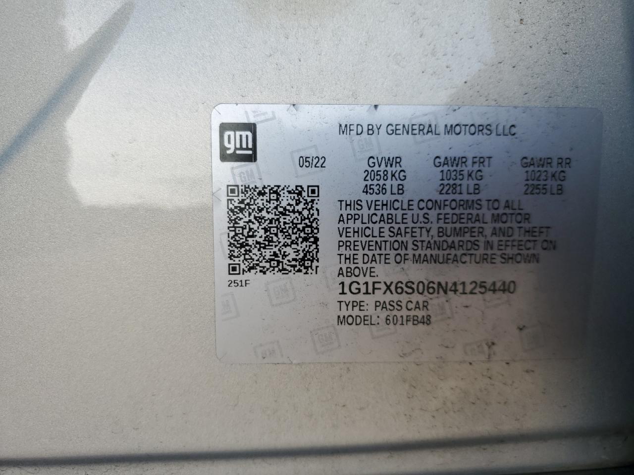 2022 Chevrolet Bolt Ev 2Lt VIN: 1G1FX6S06N4125440 Lot: 93509905