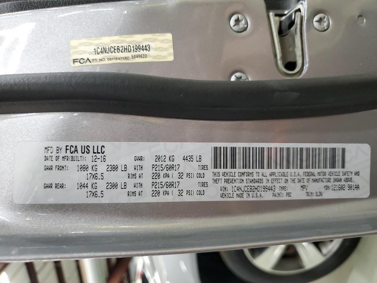 2017 Jeep Compass Latitude VIN: 1C4NJCEB2HD199443 Lot: 91812245