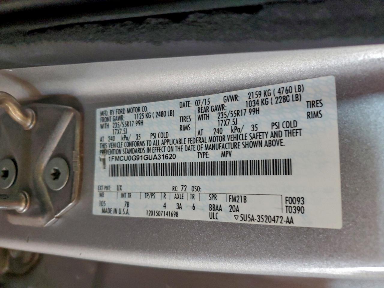 2016 Ford Escape Se VIN: 1FMCU0G91GUA31620 Lot: 94394655