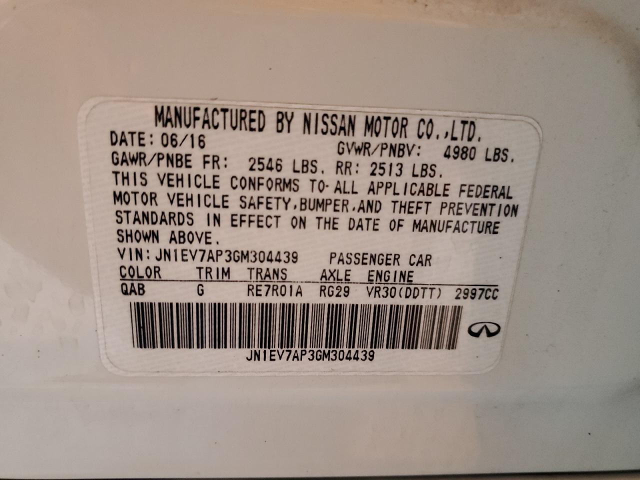 2016 Infiniti Q50 Premium VIN: JN1EV7AP3GM304439 Lot: 91912015