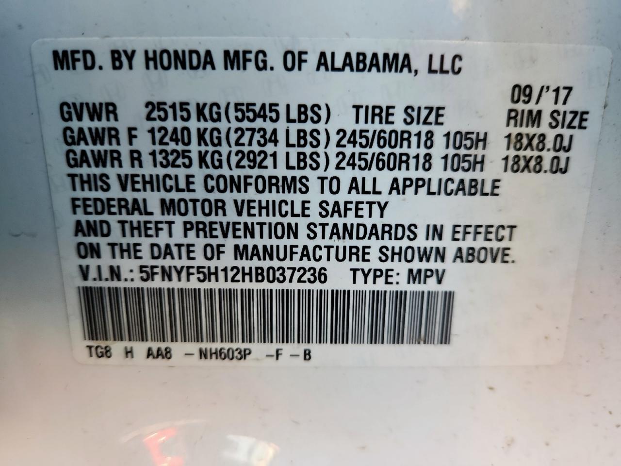 2017 Honda Pilot Lx VIN: 5FNYF5H12HB037236 Lot: 92325625