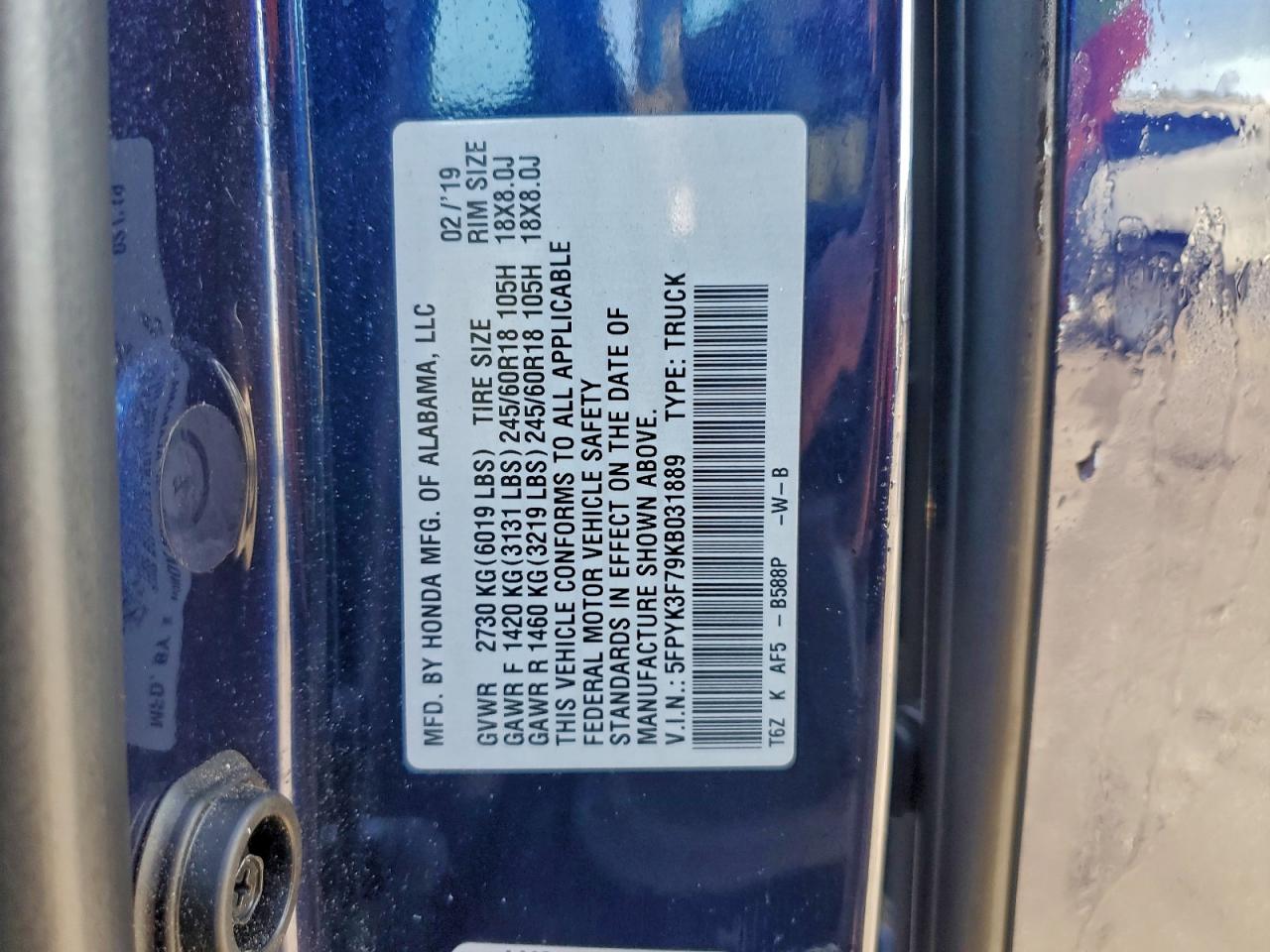 2019 Honda Ridgeline Rtl VIN: 5FPYK3F79KB031889 Lot: 93677565