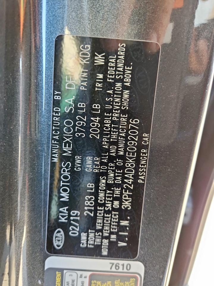 2019 Kia Forte Fe VIN: 3KPF24AD8KE092076 Lot: 90830915
