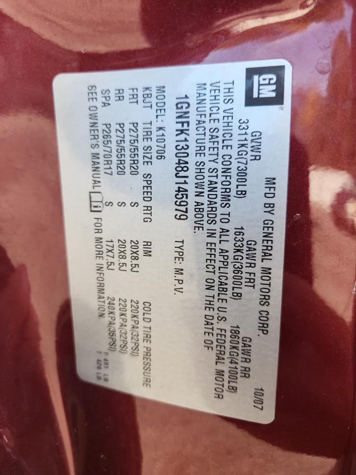 2008 Chevrolet Tahoe K1500 VIN: 1GNFK13048J145979 Lot: 93367135